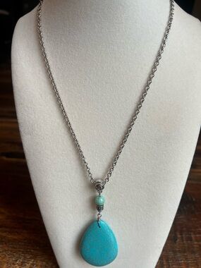 Turquoise (faux) Teardrop Pendant Necklace on Silver Tone Chain - Women Jewelry